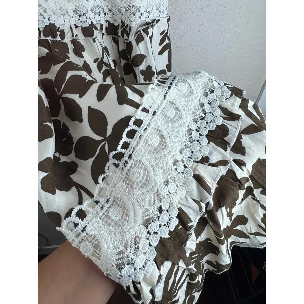 Boston Proper Brown and white floral lace skirt Womens size Medium